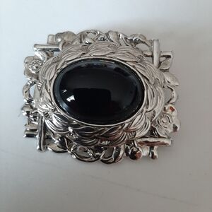 Floral Silver Brooch with Black Stone